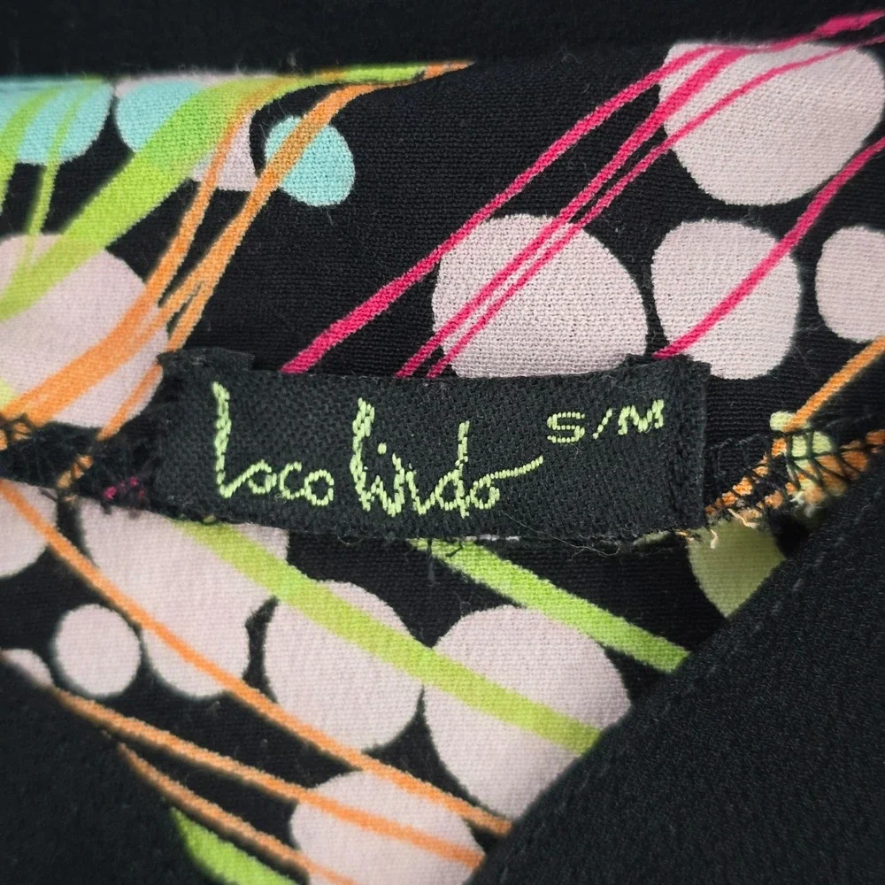 Loco Lindo Women's S M Black Multi Color‎ Bubble Print V Neck Button Up Top - Picture 4 of 6